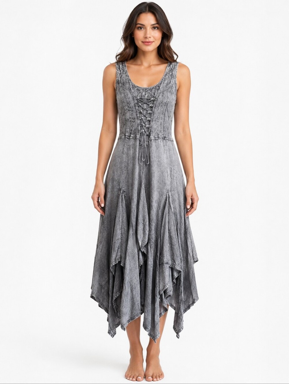 NWT Flower Gray Embroidered Rayon Handkerchief Hem Maxi Dress Made in India S/M